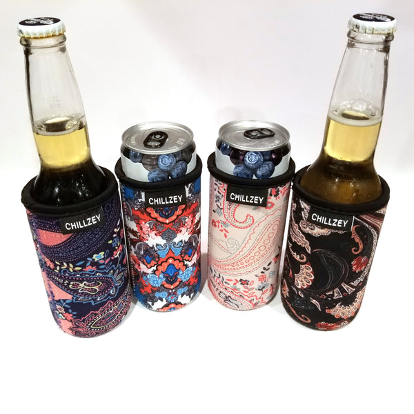 CHILLZEY - 12 ounce Slim Can Cooler Sewn Bottom Neoprene Sleeves 4 pak
