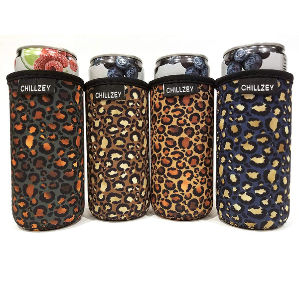 CHILLZEY - 12 ounce Slim Can Cooler Sewn Bottom Neoprene Sleeves 4 pak